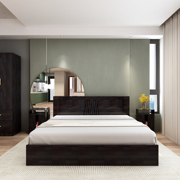 Ren king bed with 2-door wardrobe and side table set