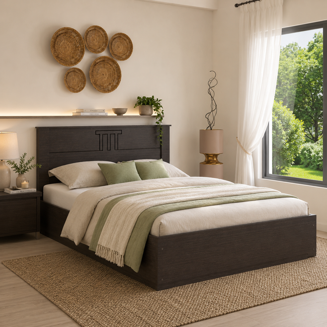Styx Queen Bed – Solid Wood Headboard with Box Storage