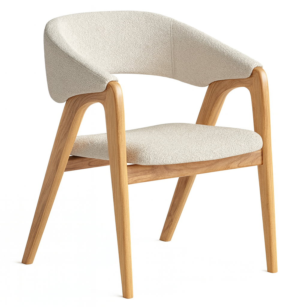 Sable Curve dining chair in beige upholstery with curved wraparound back and natural wood frame.