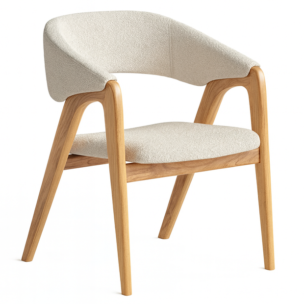 Sable Curve dining chair in beige upholstery with curved wraparound back and natural wood frame.