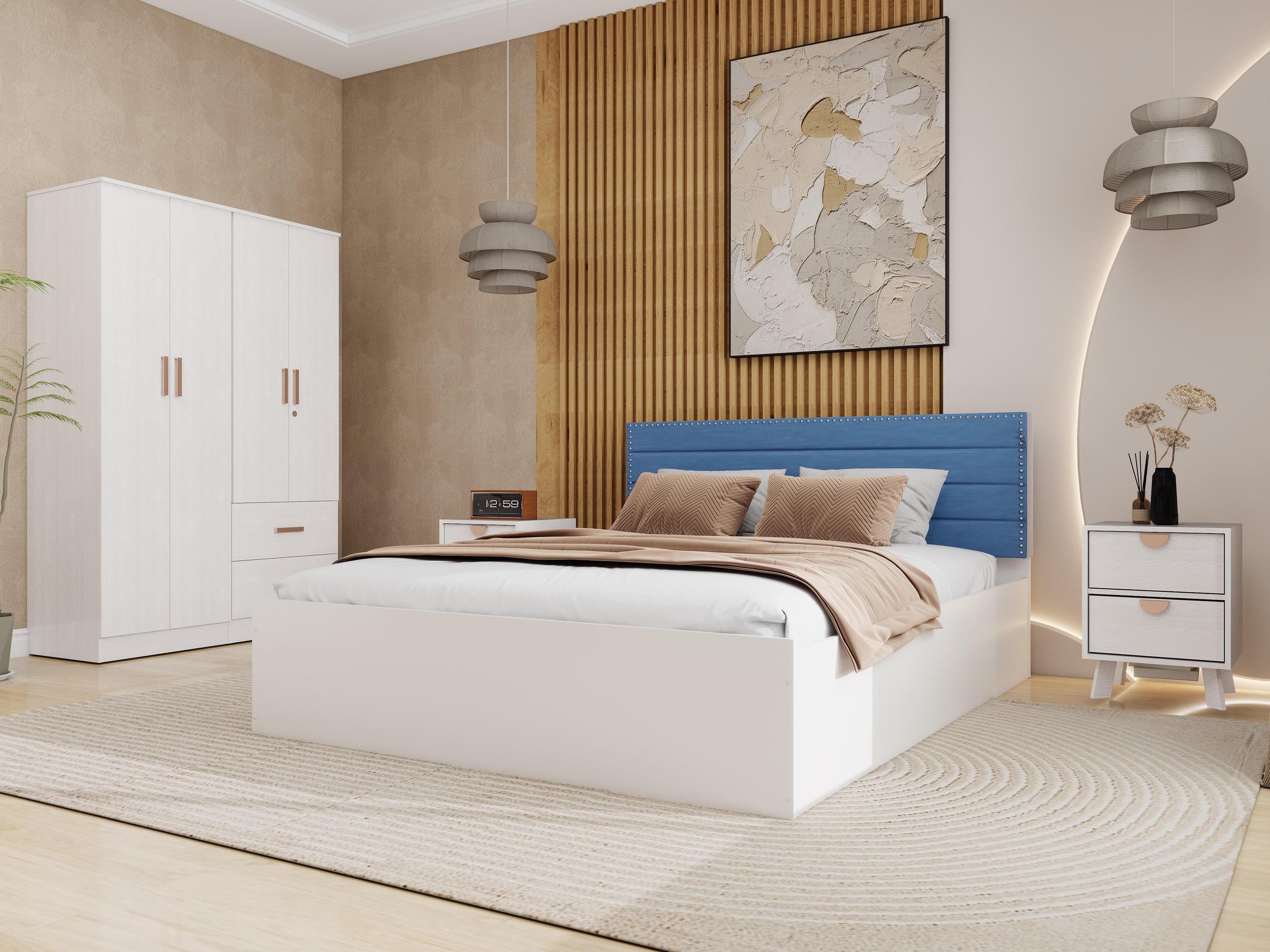 Samadhi Queen Bedroom Set – Upholstered Bed & 4-Door Wardrobe (White & Silver Oak)