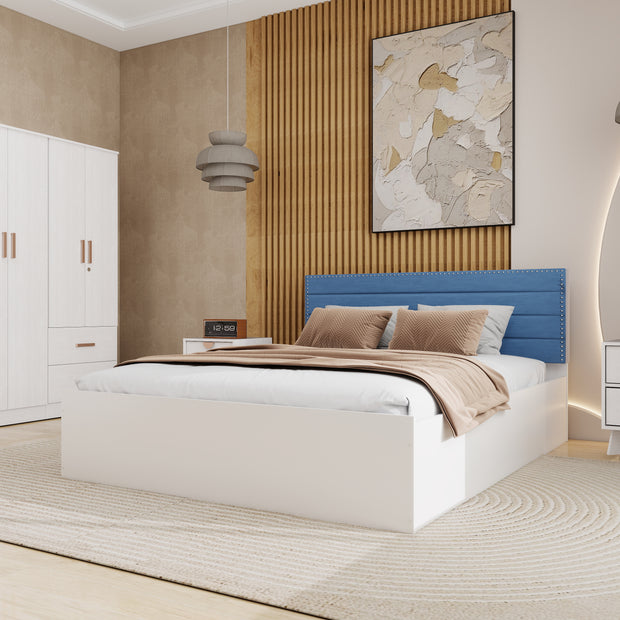 Samadhi Queen Bedroom Set – Upholstered Bed & 4-Door Wardrobe (White & Silver Oak)