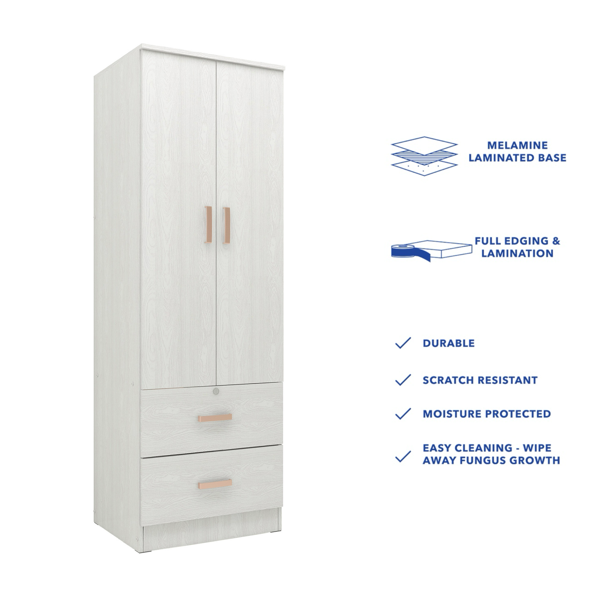Ren Wooden 2-Door Wardrobe – Compact Bedroom Almirah