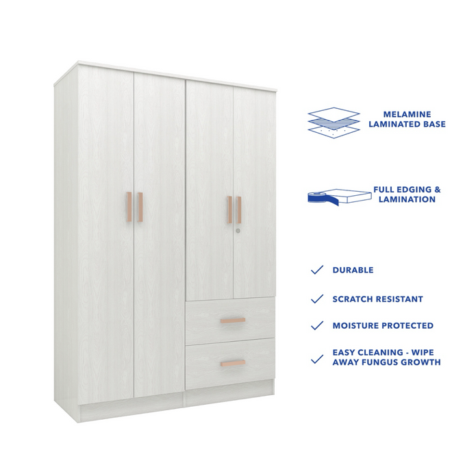 Nirodhah Queen Bedroom Set – Upholstered Bed & 4-Door Wardrobe (White & Silver Oak)