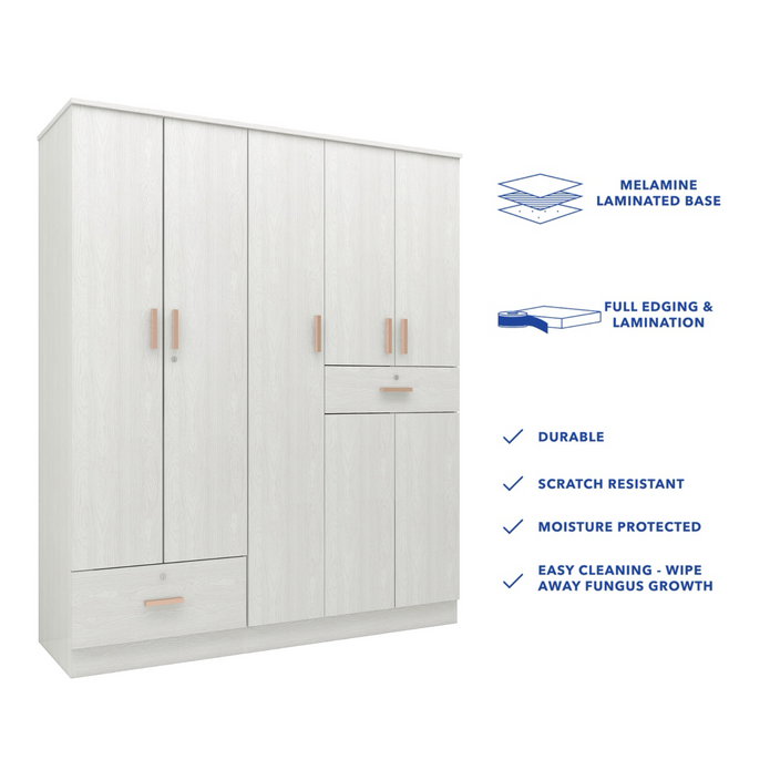 Ren 5-Door Engineered Wood Wardrobe – Spacious Bedroom Almirah with Shelves