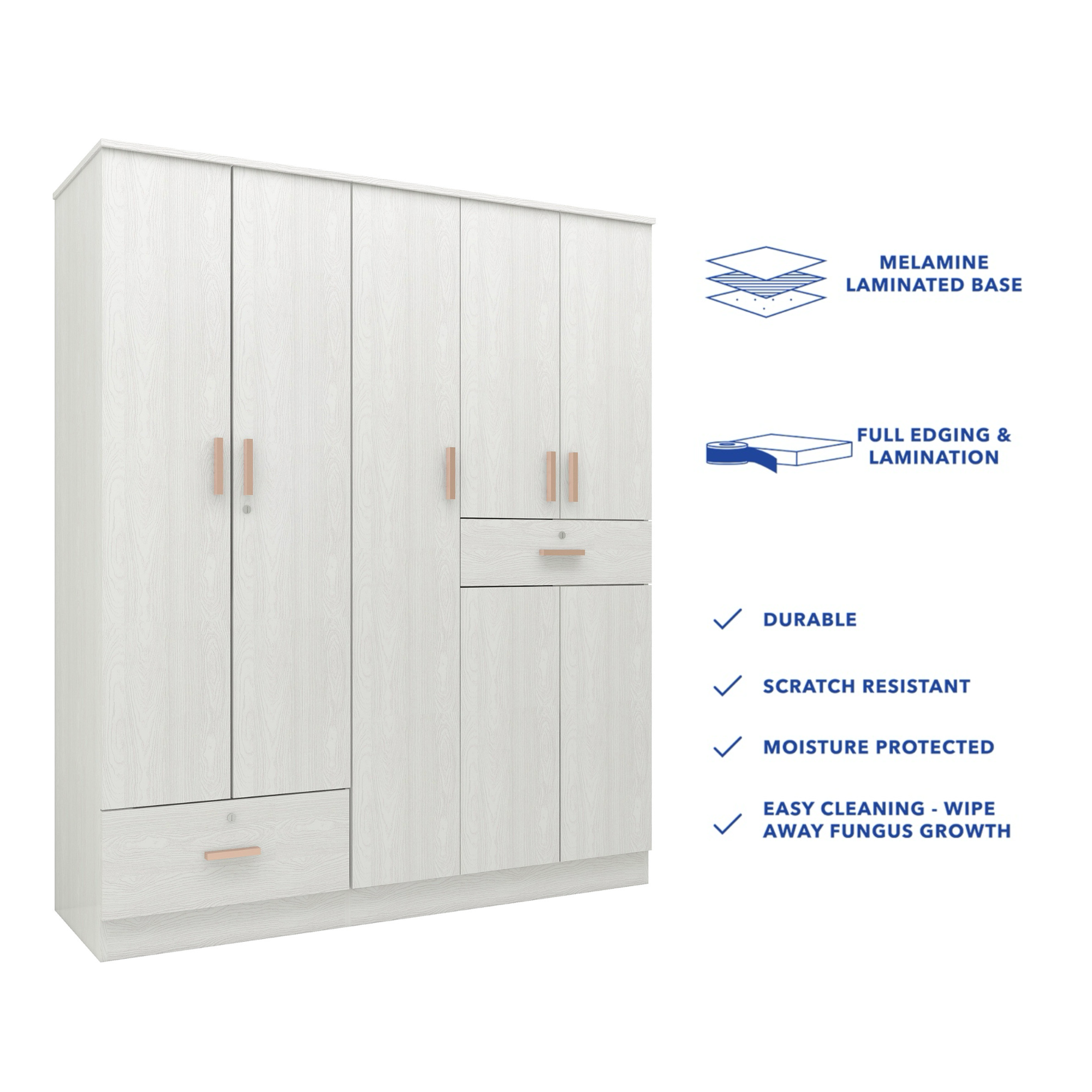 Ren 5-Door Engineered Wood Wardrobe – Spacious Bedroom Almirah with Shelves