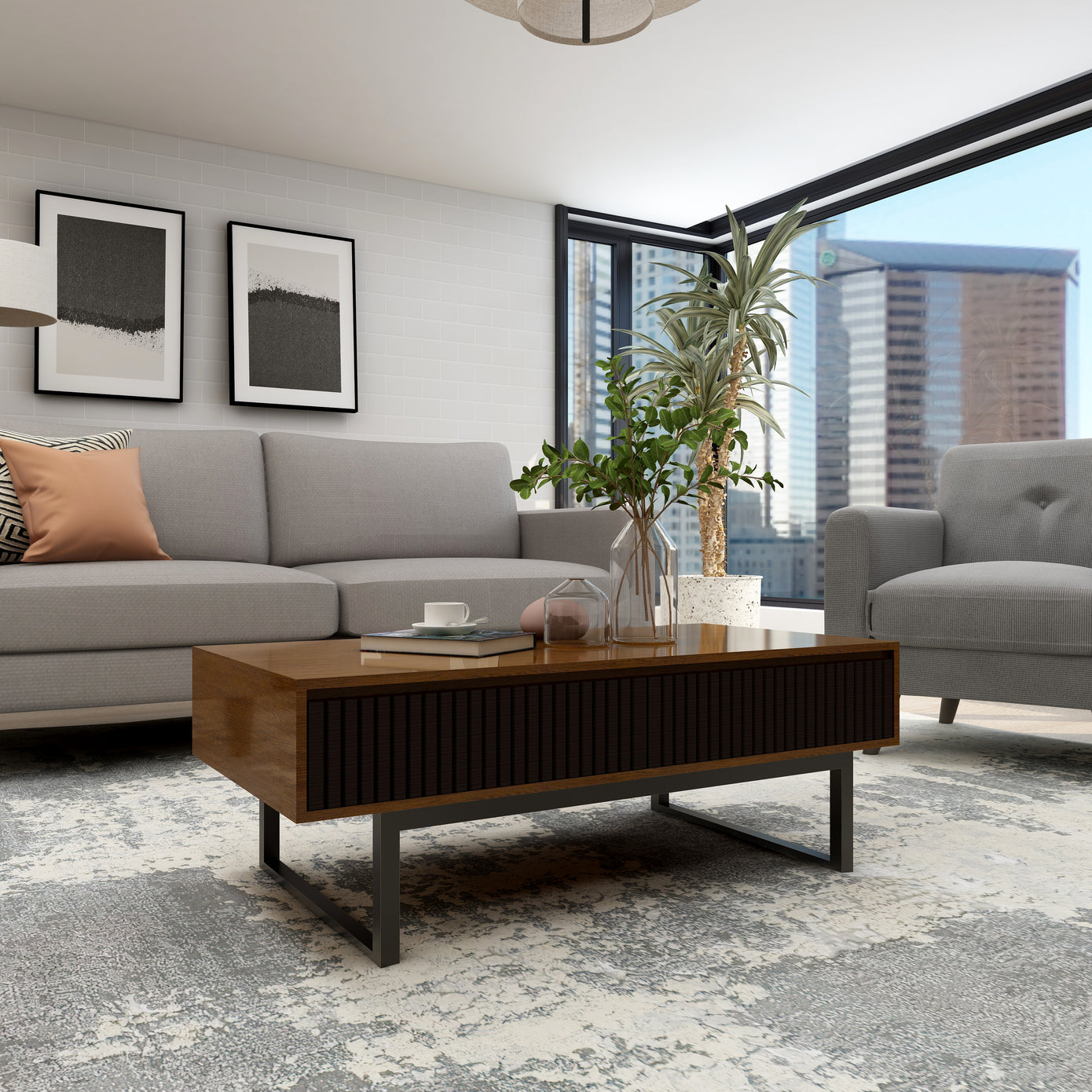 Home Strata Coffee Table (Walnut & Black) - Solid Wood Center Table