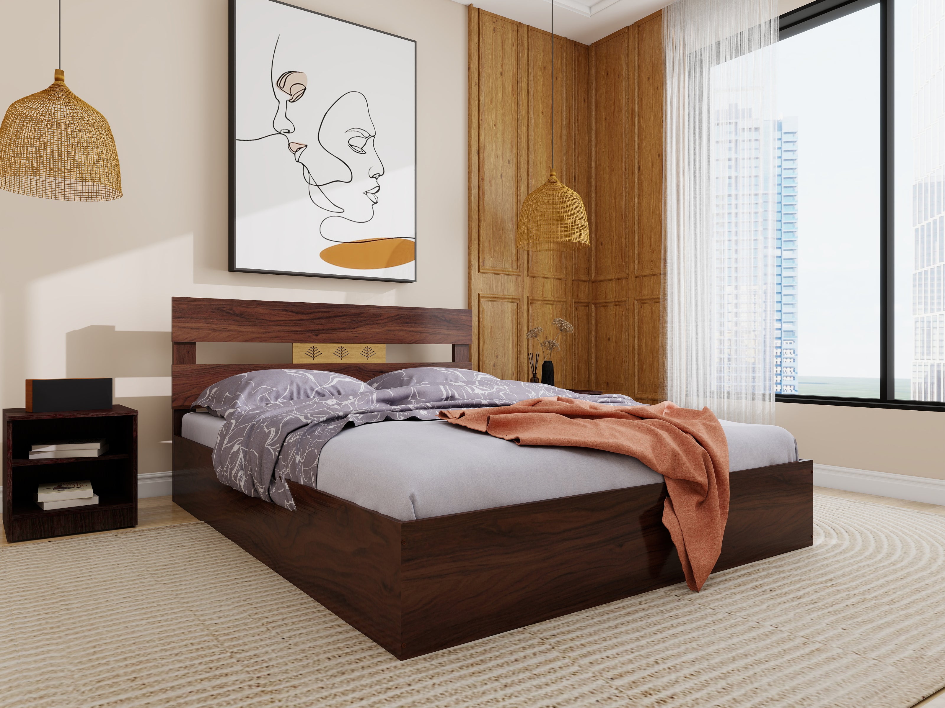 Julian Elegance Bedroom Set – Queen Bed, 4-Door Mirror Wardrobe & Bedside Table