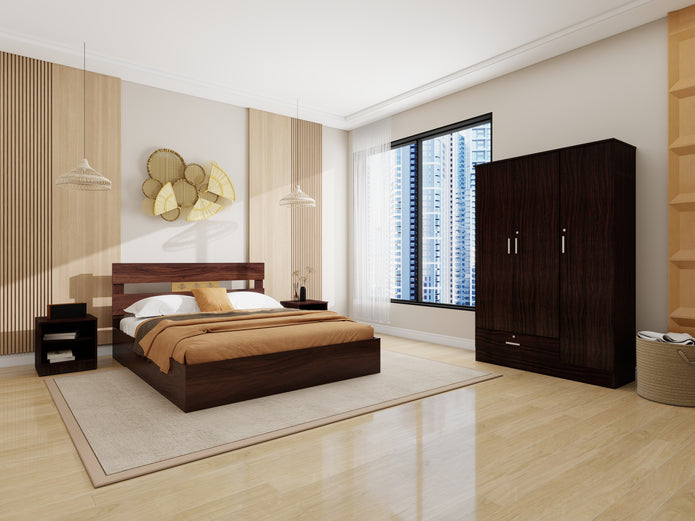Yumako queen bed with wardrobe and bedside table set