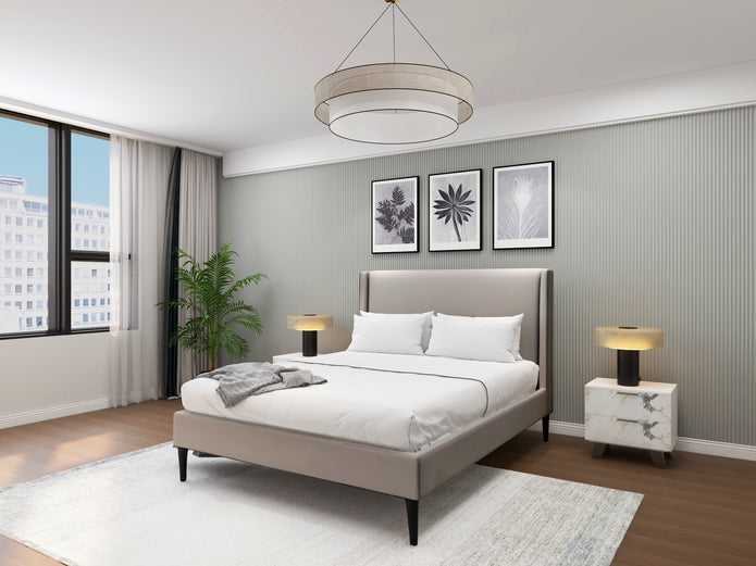 Artisan Dawn 9-piece home furniture combo — grey upholstery with walnut finish (hero shot