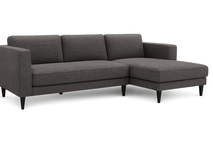 Axis modern grey 3-seater sofa angled view with solid wood legs