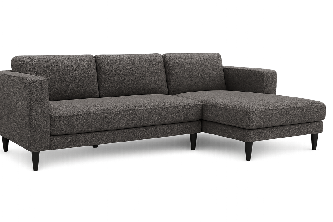 Axis modern grey 3-seater sofa angled view with solid wood legs