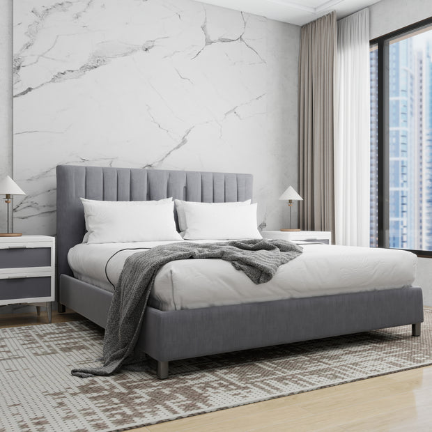 Bastion upholstered bed in grey, King size, padded headboard and slatted base
