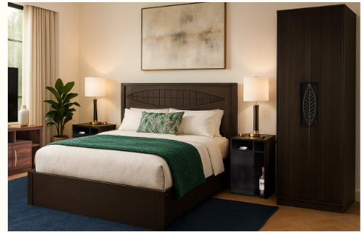Cozy bedroom combo featuring a stylish bed, wardrobe, and bedside table with modern decor.