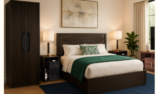 Cozy bedroom combo featuring a stylish bed, wardrobe, and bedside table with modern decor.