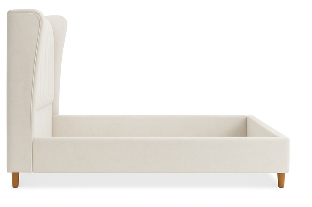 Serra King Bed in Off White – Upholstered Wingback Headboard with Wooden Legs