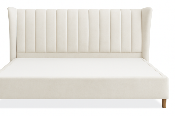 Serra King Bed in Off White – Upholstered Wingback Headboard with Wooden Legs
