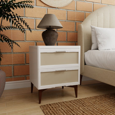 Clayridge white nightstand with two drawers and wooden tapered legs