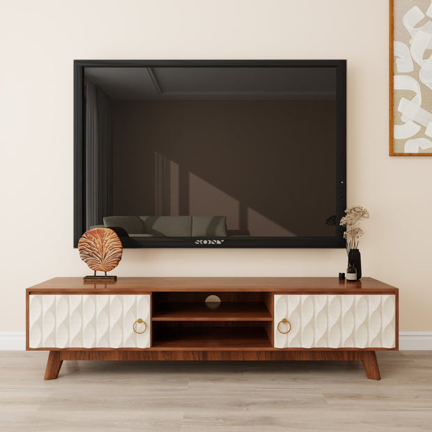 Echo solidwood AV unit in cream and walnut, front view with textured doors