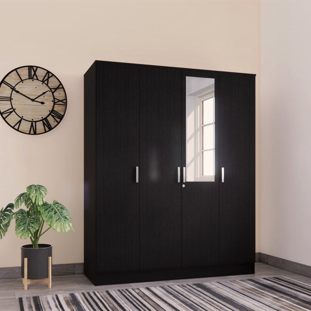 Julian 4-door engineered wood wardrobe with mirror – Walnut finish