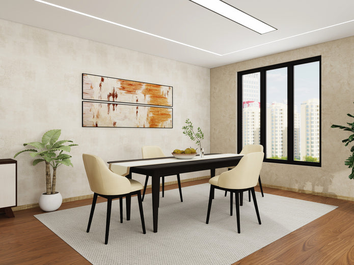 Dining table with four upholstered chairs — Linear Calm dining set