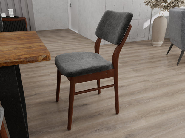 LoomRest Grey chair with Dark Cappuccino fixture around a wooden dining table