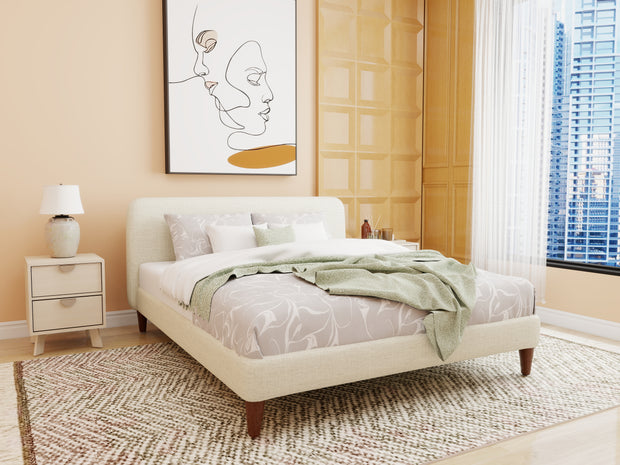 Solterra off-white upholstered bed with rounded headboard and wooden legs