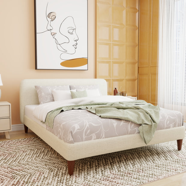 Solterra off-white upholstered bed with rounded headboard and wooden legs