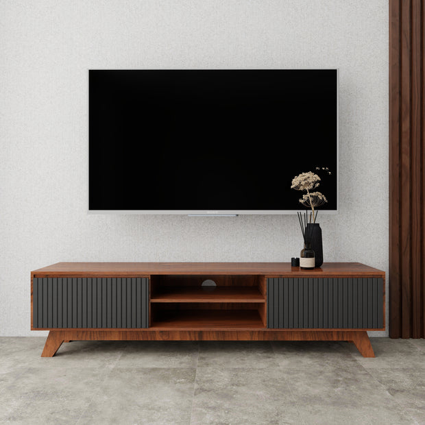 Strata walnut & black media console styled in modern living room